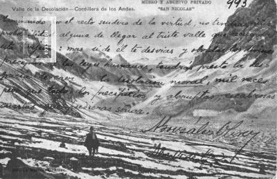Postal con paisaje andino firmada por González Oliver, dirigida a la señorita Laura Palud