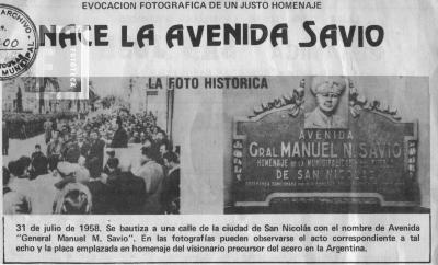 Imposición del nombre de Avenida //General Manuel N. Savio// (acto y placa alusiva)