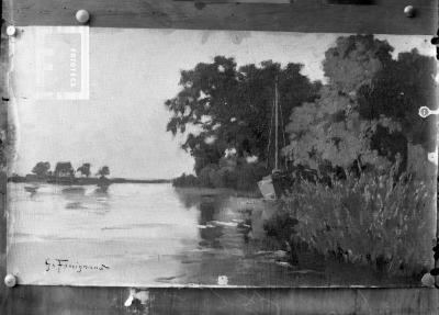 Cuadro de José Forcignano: Paisaje costero con velero