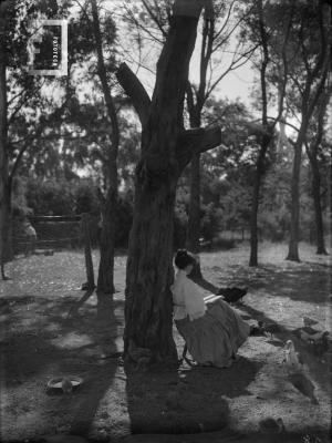 Paulina C. de Bustos leyendo, rodeada de aves