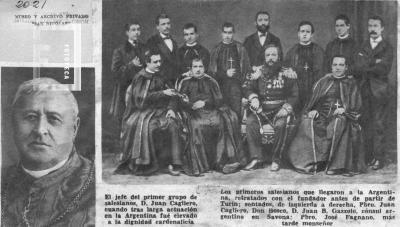 Primeros salesianos que llegaron a Argentina y retrato de D. Juan Cagliero