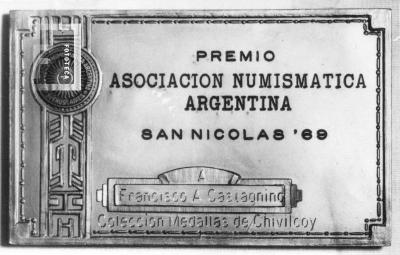 Plaqueta Premio Asoc. Numismática Argentina a Francisco A. Castagnino